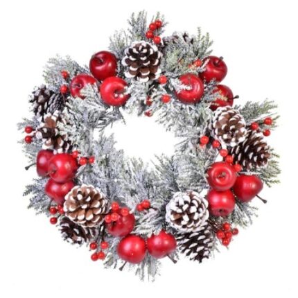 Coronita decorativa pentru lumanare si pentru a crea magia sarbatorilor, de iarna cu conuri si mere, 34 cm
