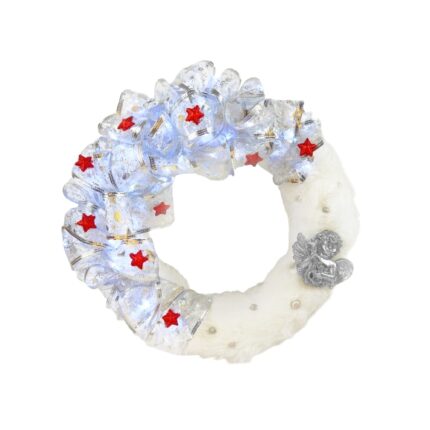 Coronita de Craciun VERSAMAG, 35 cm, cu blana, panglica led si figurina Inger, Argintiu
