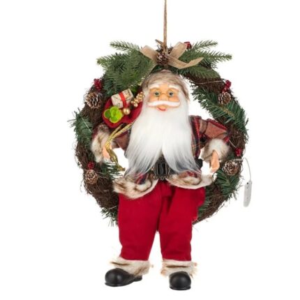 Coroana de Craciun, Mos Craciun, 45 cm, lumini LED, crengi de pin, rosu/maro