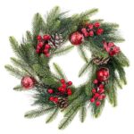Coroana de Craciun, 40 cm, acoperita cu zapada, fructe de padure rosii, bile, conuri, rosii