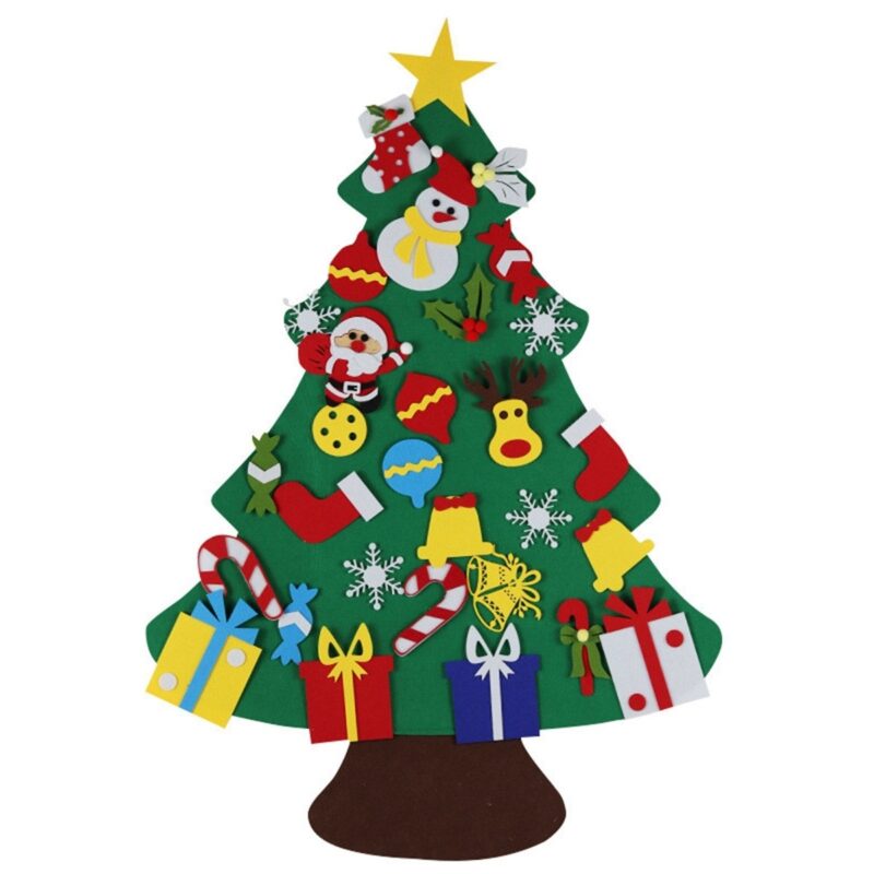 Brad de Craciun din Fetru, 100x70 cm cu 30 decoratiuni, multicolor