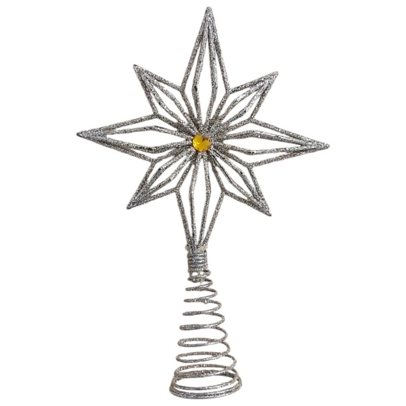 Varf decorativ de brad, Argintiu, in forma de Stea, LyoBest, cu efect de stralucire, 15 x 23 cm, Interior, Exterior