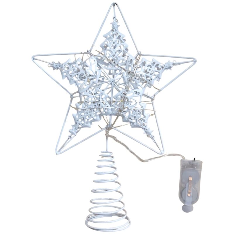 Varf decorativ de brad LyoBest, alb, in forma de Stea, cu lumina, 18 x 24 cm, Interior