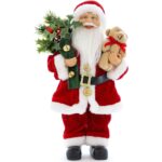 Figurina Mos Craciun Kring, 45 cm, cu sac de cadouri si ursulet, Rosu