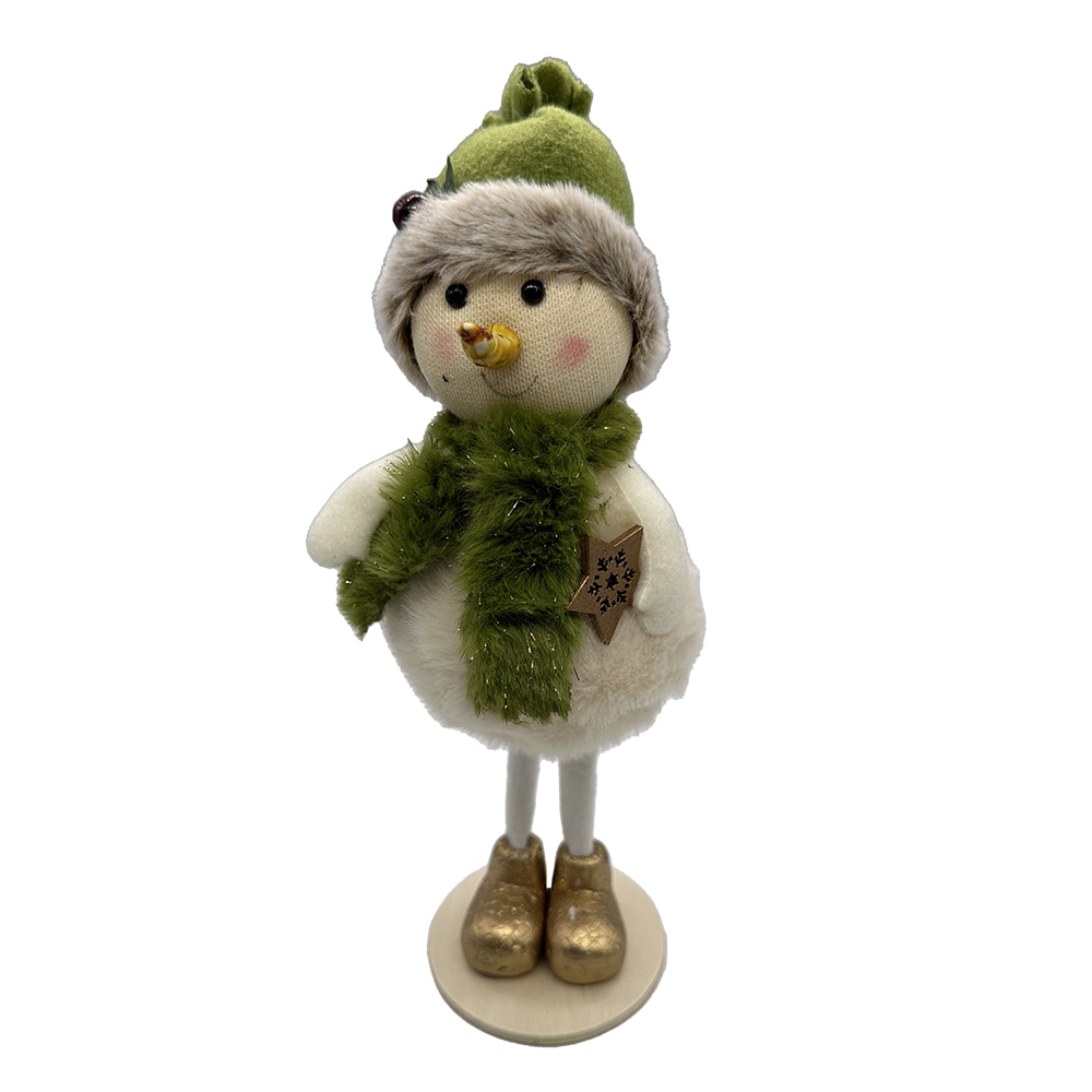 res_60725d1f10a98aa889494b579ffb6883 Figurina decorativa de Craciun, Om de Zapada din blanita cu picioare lungi, caciulita si fular verde, pe suport de lemn, 25cm, VisionXXI