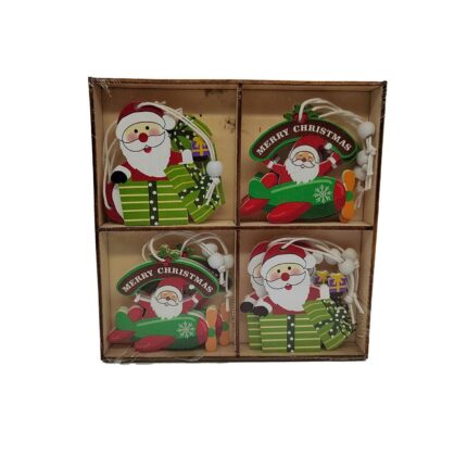 Set 12 Decoratiuni de Craciun din lemn cu Snur pentru agatare in Brad, Mosi, VisionXXI