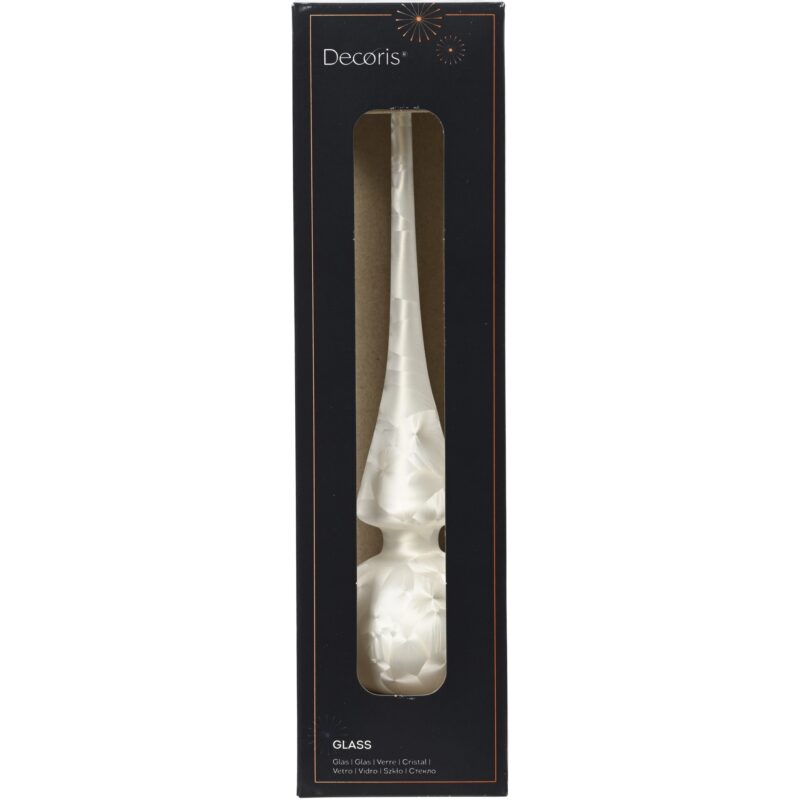 Varf decorativ brad Decoris, inaltime 26 cm, diametru 6 cm, sticla, finisaj satinat, alb