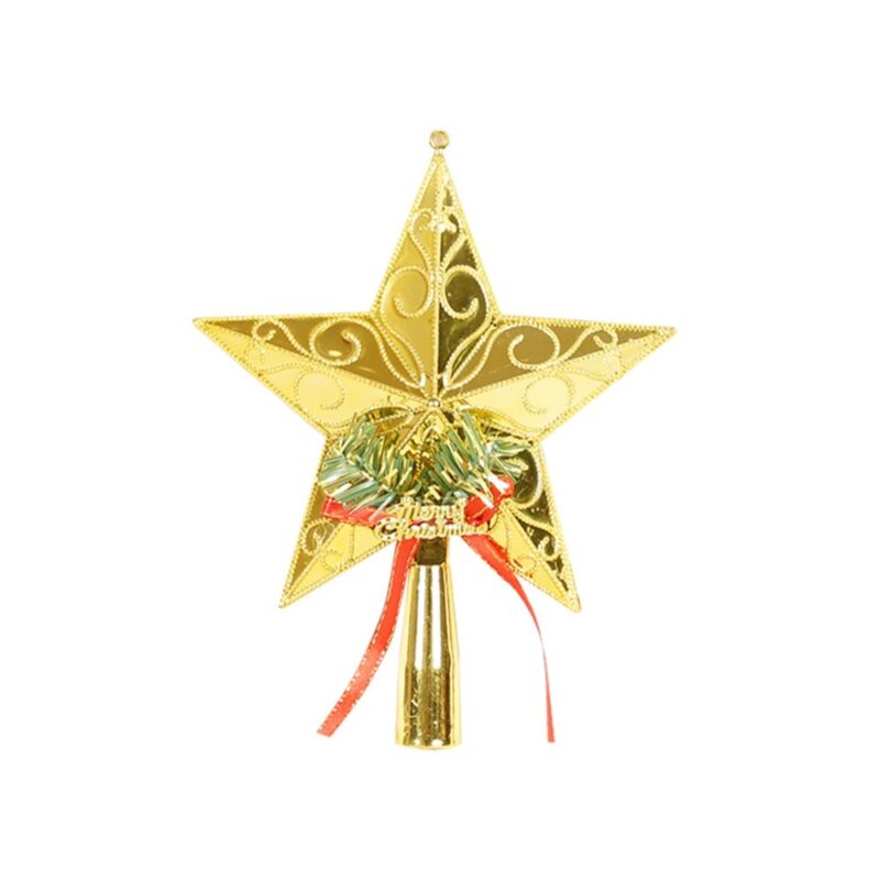 Varf decorativ de brad, Auriu, in forma de Stea, cu decoratiune Merry Christmas, din Plastic, 18.5 x 15 cm, Interior, Exterior, Flippy