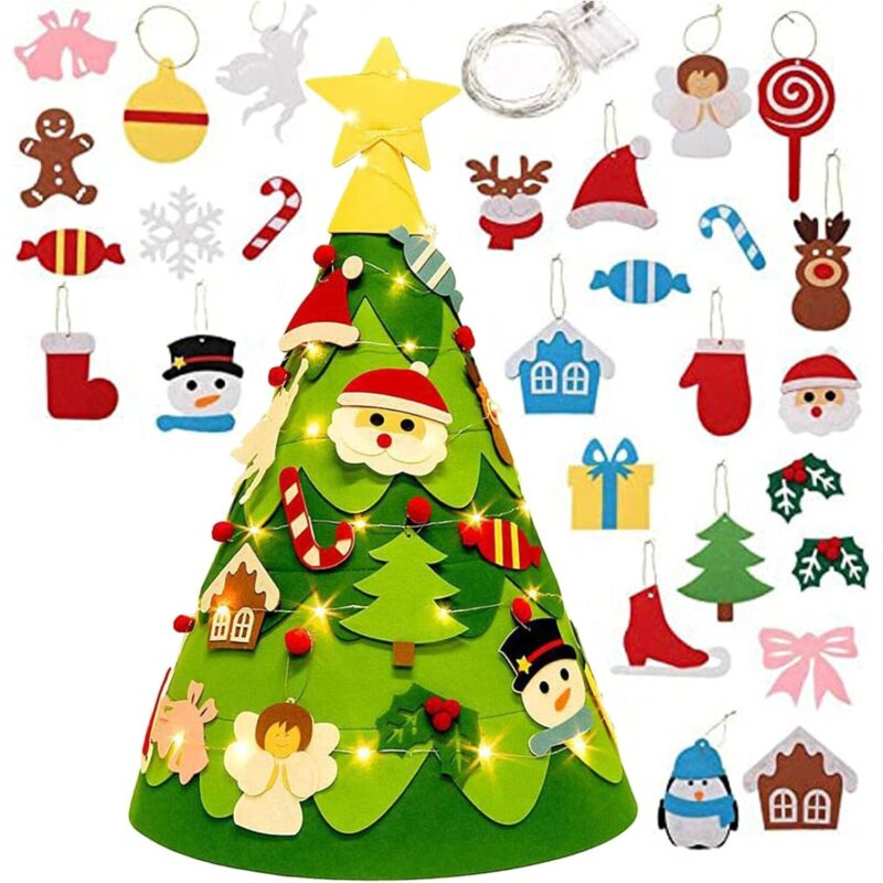 Brad de Craciun din Fetru model Conic 3D, SUIFAYIO, 75x48 cm, 27 decoratiuni si banda LED inclusa