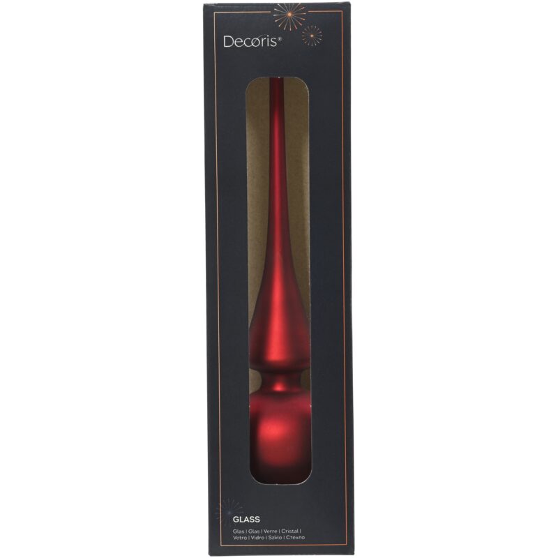 Varf decorativ brad Decoris, inaltime 26 cm, diametru 6 cm, sticla, finisaj satinat, rosu inchis