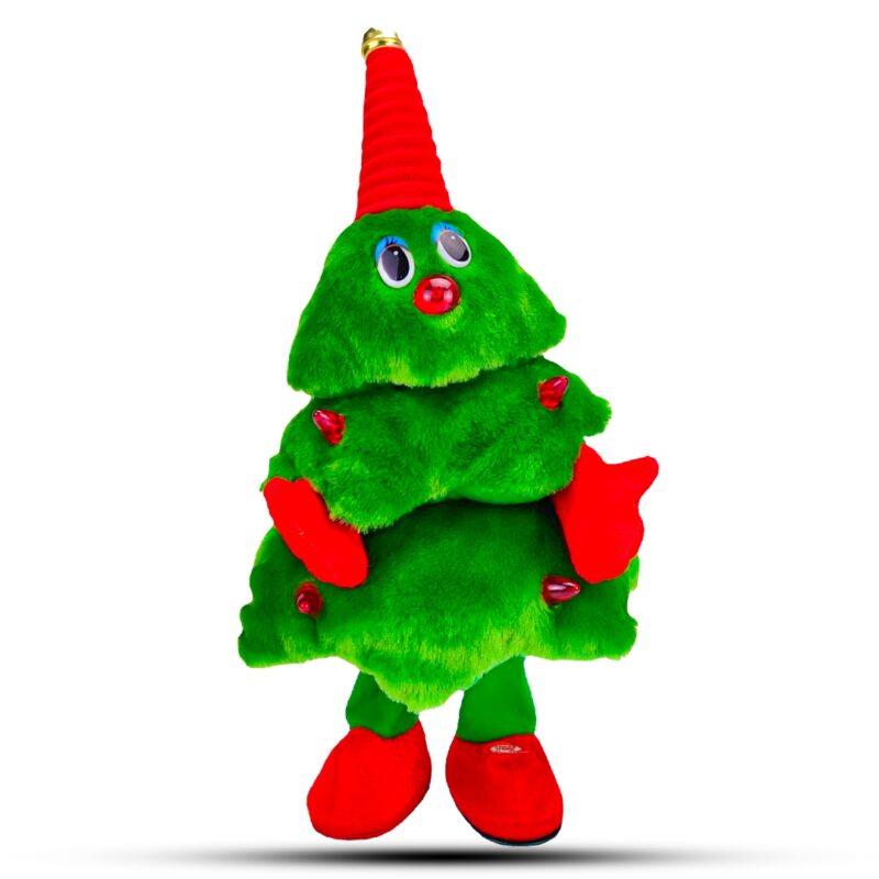 Brad de Craciun animat care canta danseaza si repeta, figurina Timebox, decoratiune Christmas, 35cm, Verde/Rosu