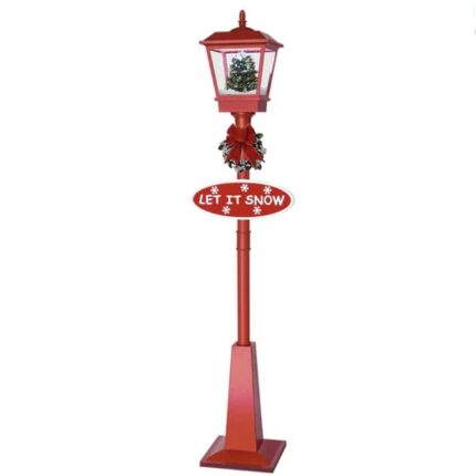 Felinar Decorativ De Craciun SIKS, Cu Brad Impodobit de Craciun, Zapada Artificiala, Placuta Let Is Snow, Utilizare In Interior sau Exterior, LED, 180 cm, PVC, Cu Sunete, Alimentare La Priza, Rosu