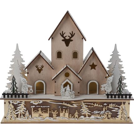 Casuta decorativa cu 10 LED-uri alb-cald Village, 30x9.7xH25 cm, lemn
