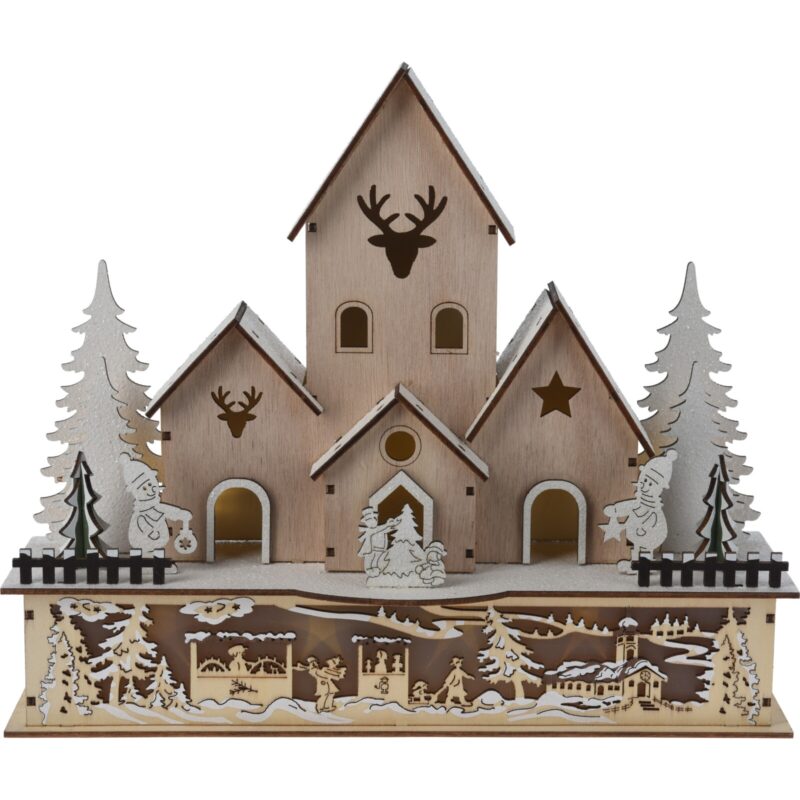 Casuta decorativa cu 10 LED-uri alb-cald Village, 30x9.7xH25 cm, lemn