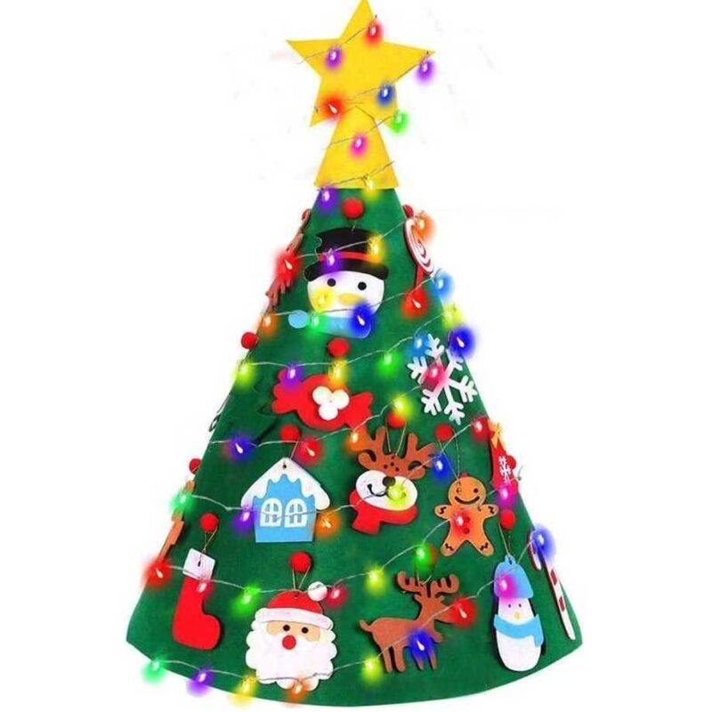 Brad de Craciun din Fetru model Conic 3D, 75x50 cm, 18 decoratiuni si banda LED inclusa, Bambinice