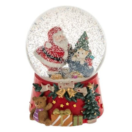 Decoratiune Craciun Glob de Sticla, cu Zapada si Muzica, Model Mos Craciun Sac cu Cadou, 14 cm, UnderShop®