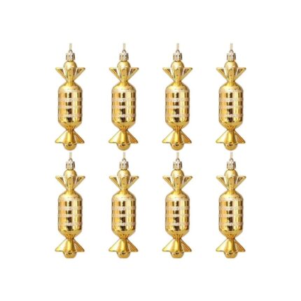 Set 8 globuri pentru brad, Forma Bomboana, Auriu, Snur inclus
