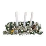 Aranjament de Craciun cu suport din cristal si 3 lumanari cadou, 40 x 20 cm, alb