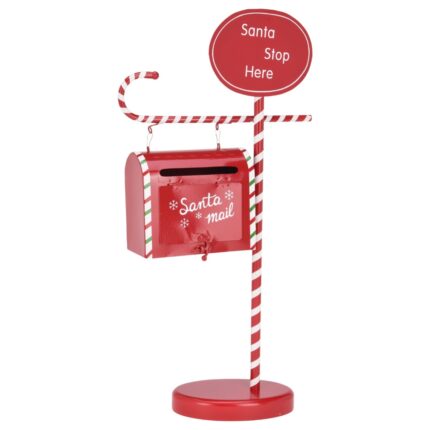 Decoratiune cutie postala Mos Craciun, cu picior, metalica, inaltime 49 cm