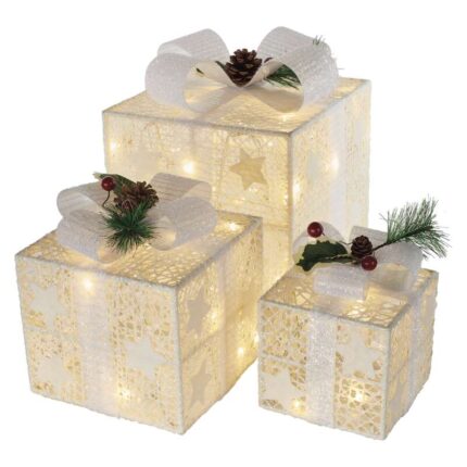 Set de 3 Cutii Cadouri, Alb, Metal, Decoratiune Craciun, Alimentare la Priza, 60 LED 2.25W, Lumina Calda
