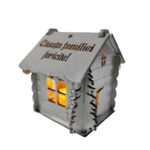 Casuta de Craciun din lemn personalizata, argintiu cu LED, text Casuta familiei fericite, decoratiune brad, asamblat, cu baterie, dimensiune 9x9x9 cm