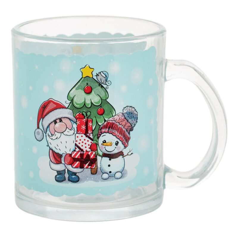 Cana Sticla, Model Craciun, Figuri Mos Craciun si Om de Zapada, Diametru 8 cm, Inaltime 9.5 cm, Capacitate 330 ml, Transparent