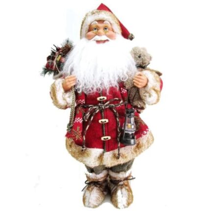 Figurina Mos Craciun, cu ursulet si felinar, 45 cm, Rosu/Gri, UnderShop®