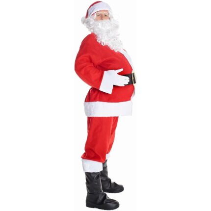 Costum Mos Craciun Complet 13 piese, XL Include Pantaloni, Haina, Caciula, Barba, Peruca, Manusi, Ochelari, Curea, Sac Cadouri si Clopotel. Ideal pentru petreceri tematice, evenimente, animatori si fotografi. Calitate superioara, confortabil si durabil