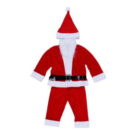 Costum de Mos Craciun, din catifea cu 5 piese, Baiat, 1-3 ani, 63 cm, Bluza, Pantaloni, Caciula, Barba, Curea, Rosu/Alb