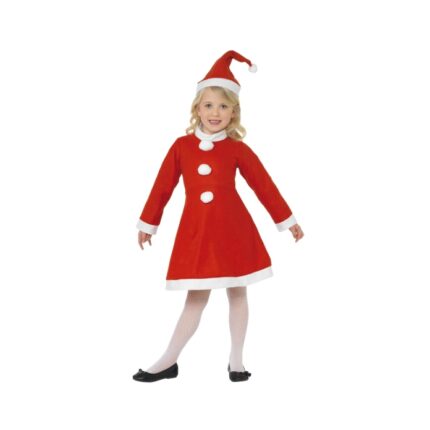 Costum Craciunita, 2 piese, rochie si caciula de Mos Craciun, rosu/alb, 7 - 9 ani