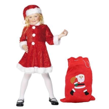 Costum Craciunita, catifea, 4 piese, cu sac pentru colindat, 6 ani, FamousKids®