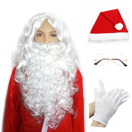 Costum de Mos Craciun, Cozevdnt, peruca si barba, ochelari rotunzi, manusi, palarie, alb/rosu