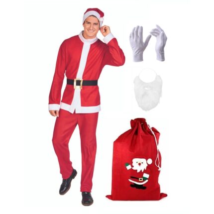Costum Mos Craciun, 7 piese, cu manusi si sac pentru cadouri, FamousKids®, marime universala