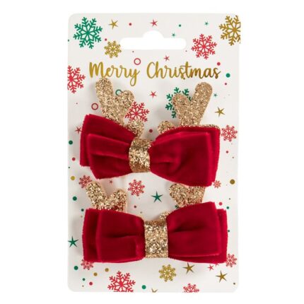 Set 2 clame par de Craciun cu Fundite Rosii Catifelate si Coarne cu Glitter Auriu Shopiens®, 6.5 cm