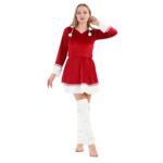 Set rochie Craciunita din catifea, Sparkle, cu blanita, gluga, jambiere din blanita atificiala si ciucuri, Rosu, Marime universala M/L