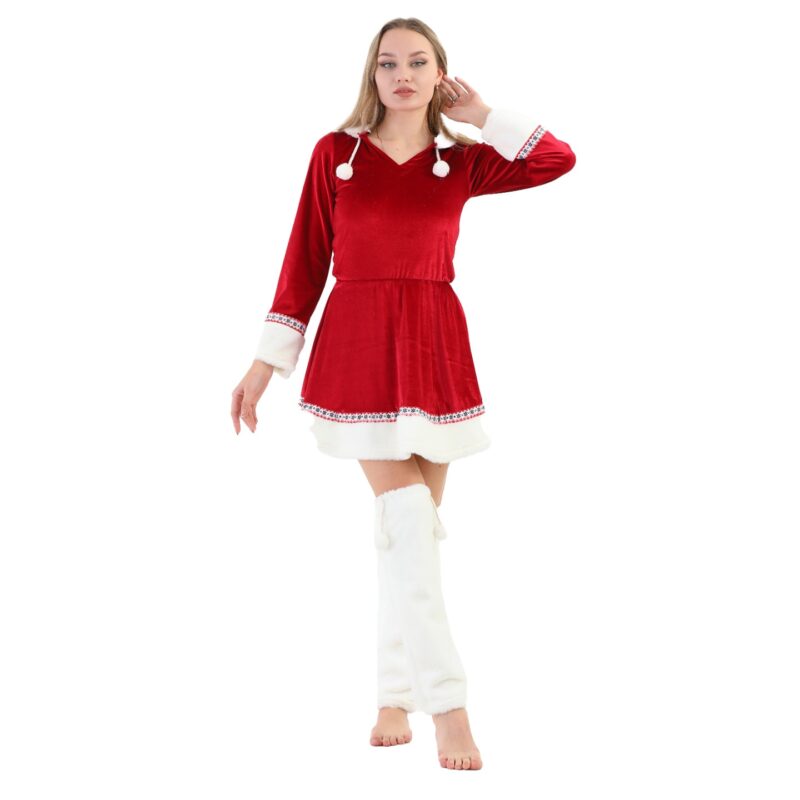Set rochie Craciunita din catifea, Sparkle, cu blanita, gluga, jambiere din blanita atificiala si ciucuri, Rosu, Marime universala M/L