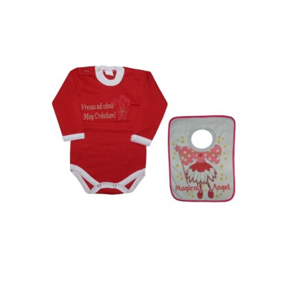 Set body bebelusi si bavetica de Craciun, mesaj brodat, 3 luni, rosu-multicolor, Little Angel