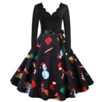 Rochie de Craciun, maneci lungi, decolteu in V, imprimeu tematic, multicolor