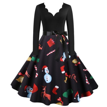 Rochie de Craciun, maneci lungi, decolteu in V, imprimeu tematic, multicolor
