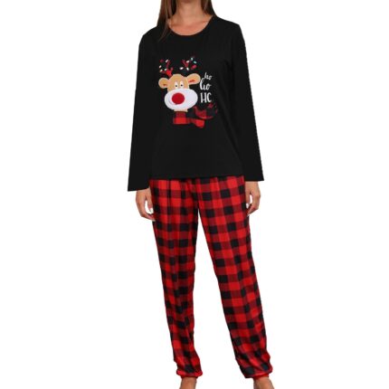 Pijamale de Craciun AMRINUGL, imprimeu cu reni, pantaloni cu talie elastica, negru, set pentru familie