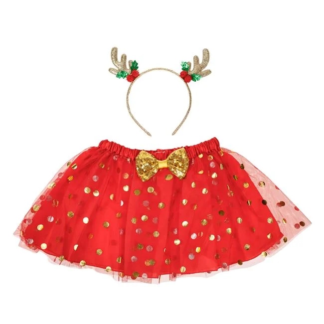 Set Deghizare de Craciun cu Fusta Tutu Rosie Buline Aurii cu Funda si Coronita de Ren