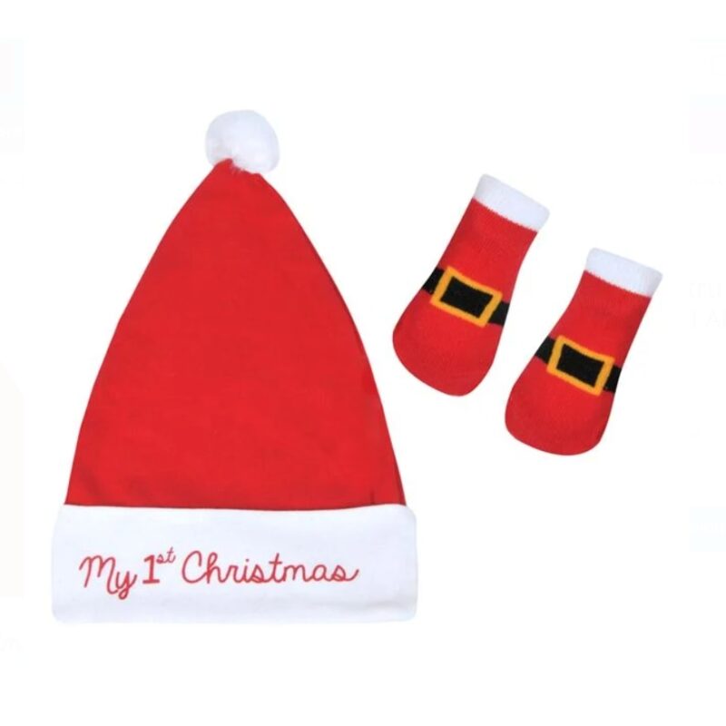 Set din Bumbac pentru Bebelusi de Craciun Caciulita Sosete Rosii Albe ”My 1st Christmas"