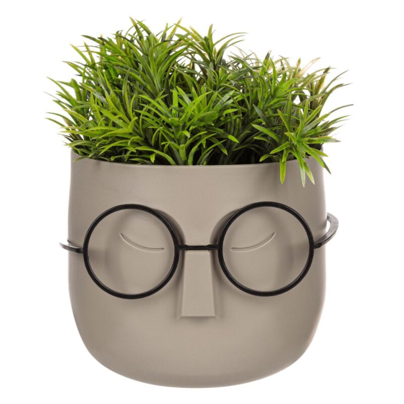 Ghiveci decorativ din plastic, fata cu ochelari si planta de verdeata artificiala, gri, 11x11x14 cm