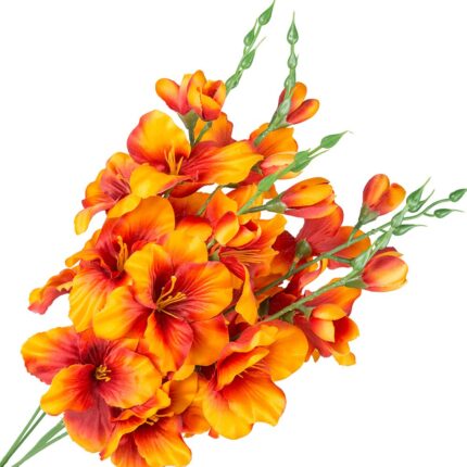 Set de 5 flori artificiale, Dekolo.pl, Satin, Gladiole, Portocaliu/Verde, 54cm