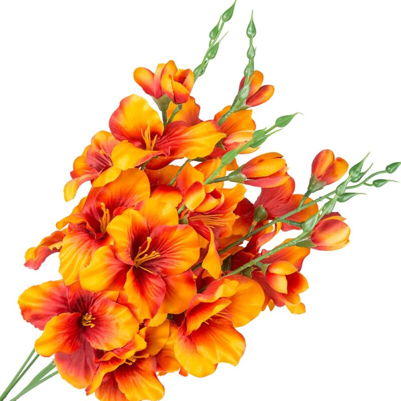 Set de 5 flori artificiale, Dekolo.pl, Satin, Gladiole, Portocaliu/Verde, 54cm
