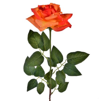 Planta decorativa artificiala, trandafir cu roua, portocaliu, 80cm
