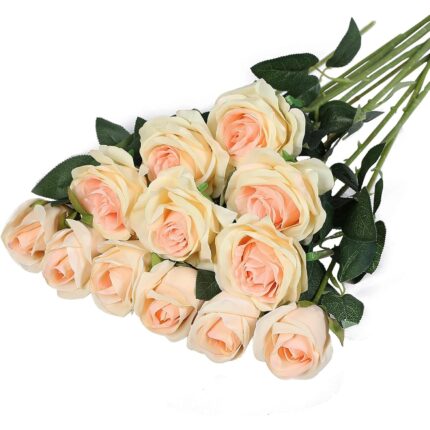 Set 12 flori artificiale trandafiri rosii, Cozevdnt, aranjament floral, 7cm diametru, 52cm inaltime