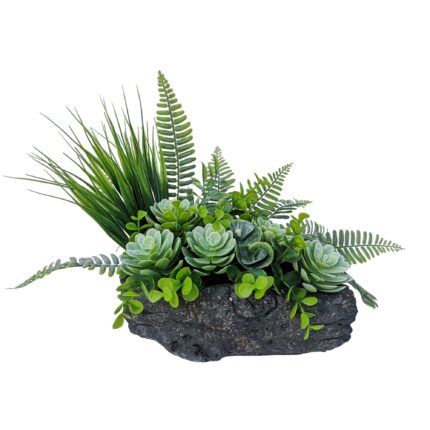 Ghiveci buturuga din piatra cu decor din plante verzi artificiale, Dady, cu suculente, feriga si verdeata decorativa, dimensiuni aranjament 25x14x25 cm