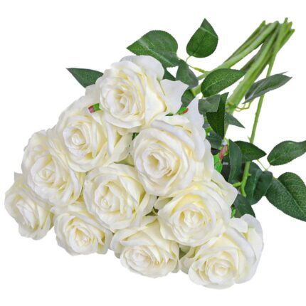 Set 10 Trandafiri Artificiali, Matase, 50 cm, Alb