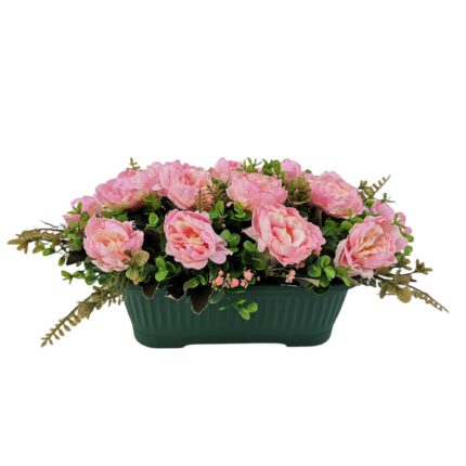 Jardiniera ingusta cu flori artificiale, Dady, bujori roz si verdeata decorativa artificiala, 40x25x21 cm